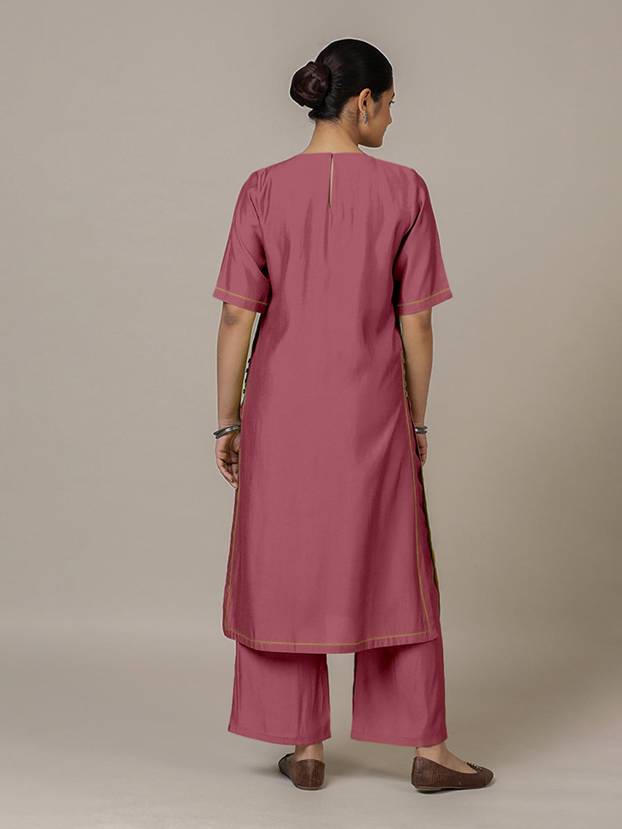 Riya x Rozaana Kurta, in Pink Viscose, featuring elbow sleeves and jewel neckline, made for daily & work (view 2).