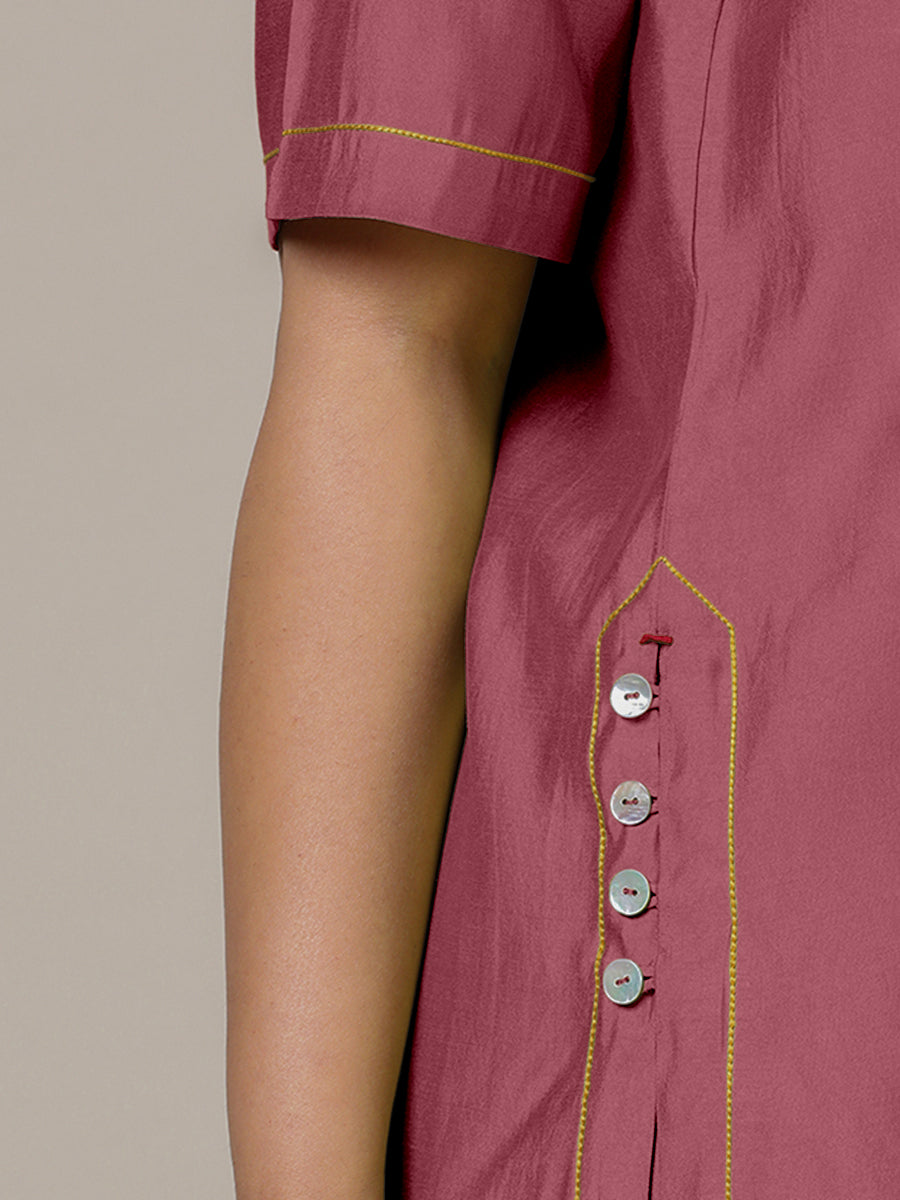 Riya x Rozaana Kurta, in Pink Viscose, featuring elbow sleeves and jewel neckline, made for daily & work (view 3).