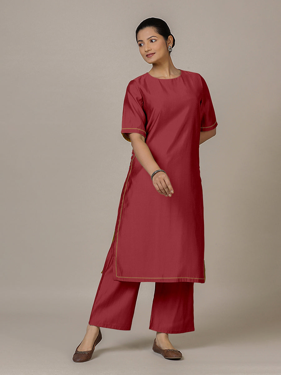 Riya x Rozaana Kurta, in Red Viscose, featuring elbow sleeves and jewel neckline, made for daily & work (view 6).