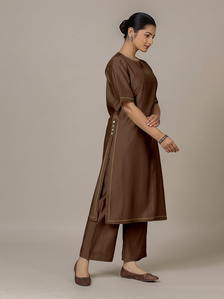 Riya x Rozaana Kurta, in Brown Viscose, featuring elbow sleeves and jewel neckline, made for daily & work.
