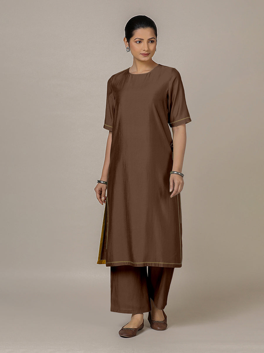 Riya x Rozaana Kurta, in Brown Viscose, featuring elbow sleeves and jewel neckline, made for daily & work (view 5).