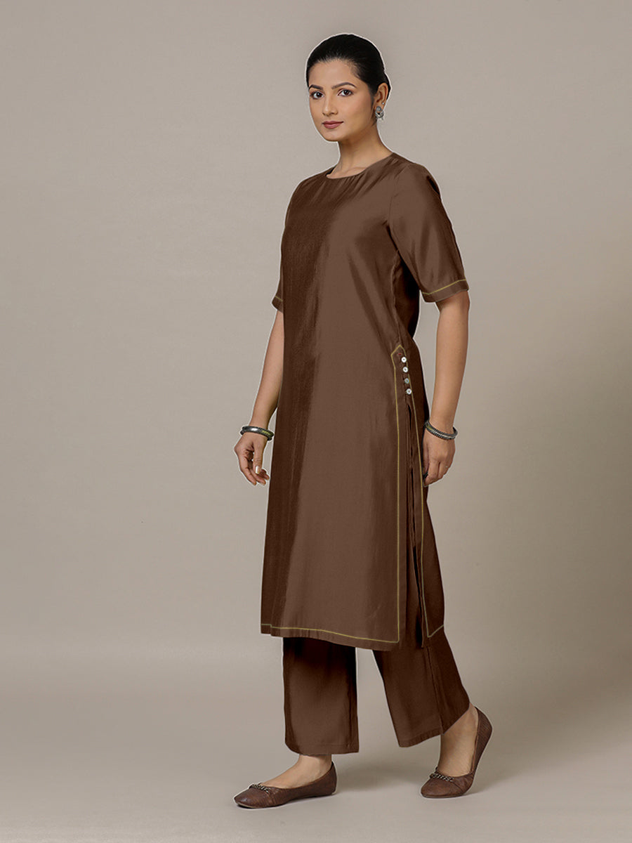 Riya x Rozaana Kurta, in Brown Viscose, featuring elbow sleeves and jewel neckline, made for daily & work (view 6).