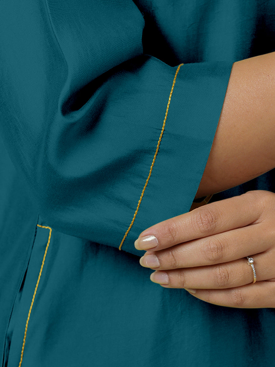 Sadaf x Rozaana Kurta, in Blue Viscose, featuring three quarter sleeves and round neck with splitline, made for daily & work.