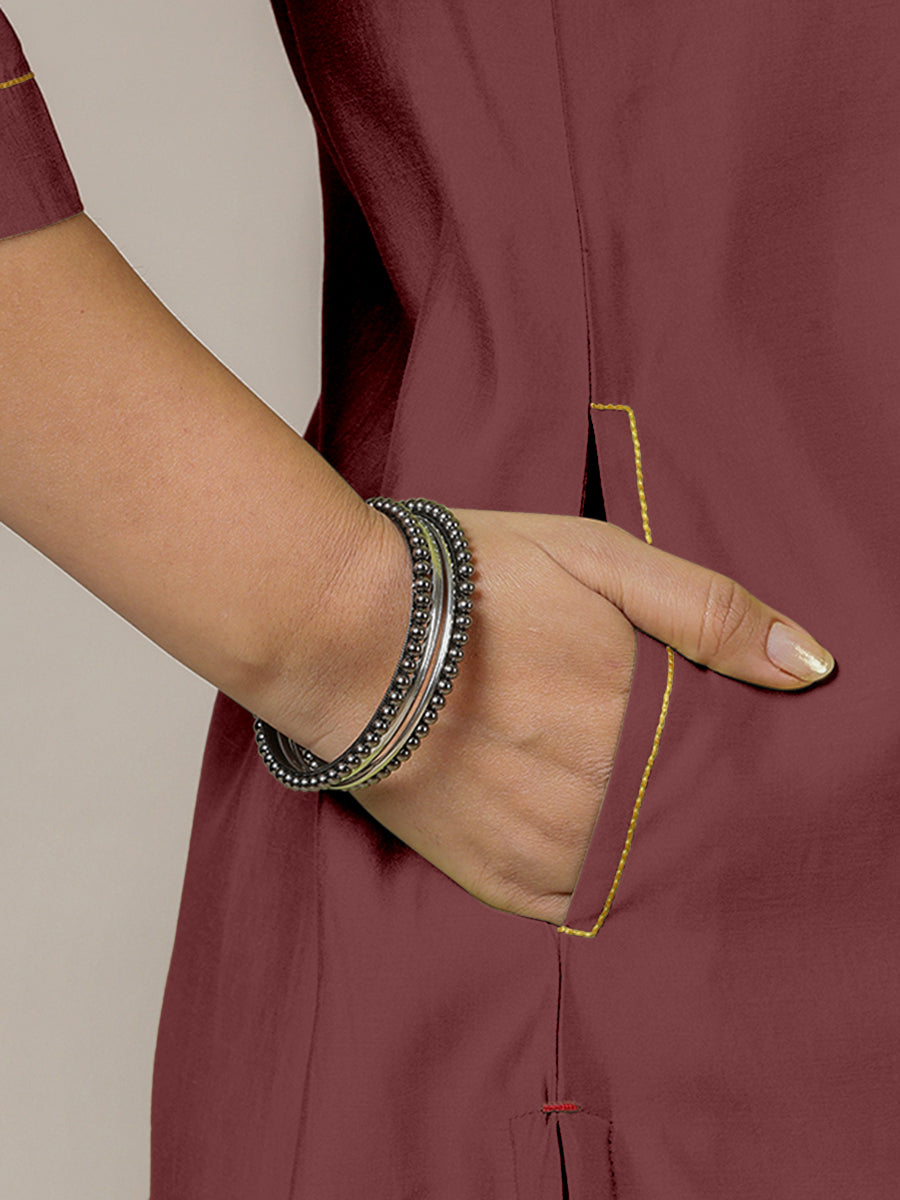 Sadaf x Rozaana Kurta, in Maroon Viscose, featuring three quarter sleeves and round neck with splitline (view 5).