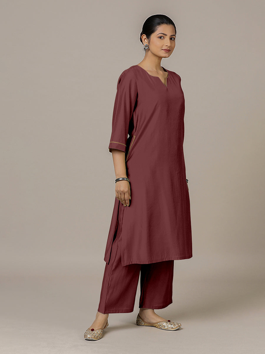Sadaf x Rozaana Kurta, in Maroon Viscose, featuring three quarter sleeves and round neck with splitline (view 6).