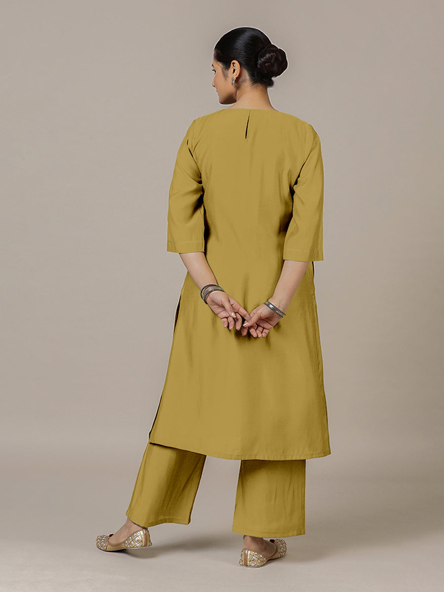 Sadaf x Rozaana Kurta, in Yellow Viscose, featuring three quarter sleeves and round neck with splitline (view 2).