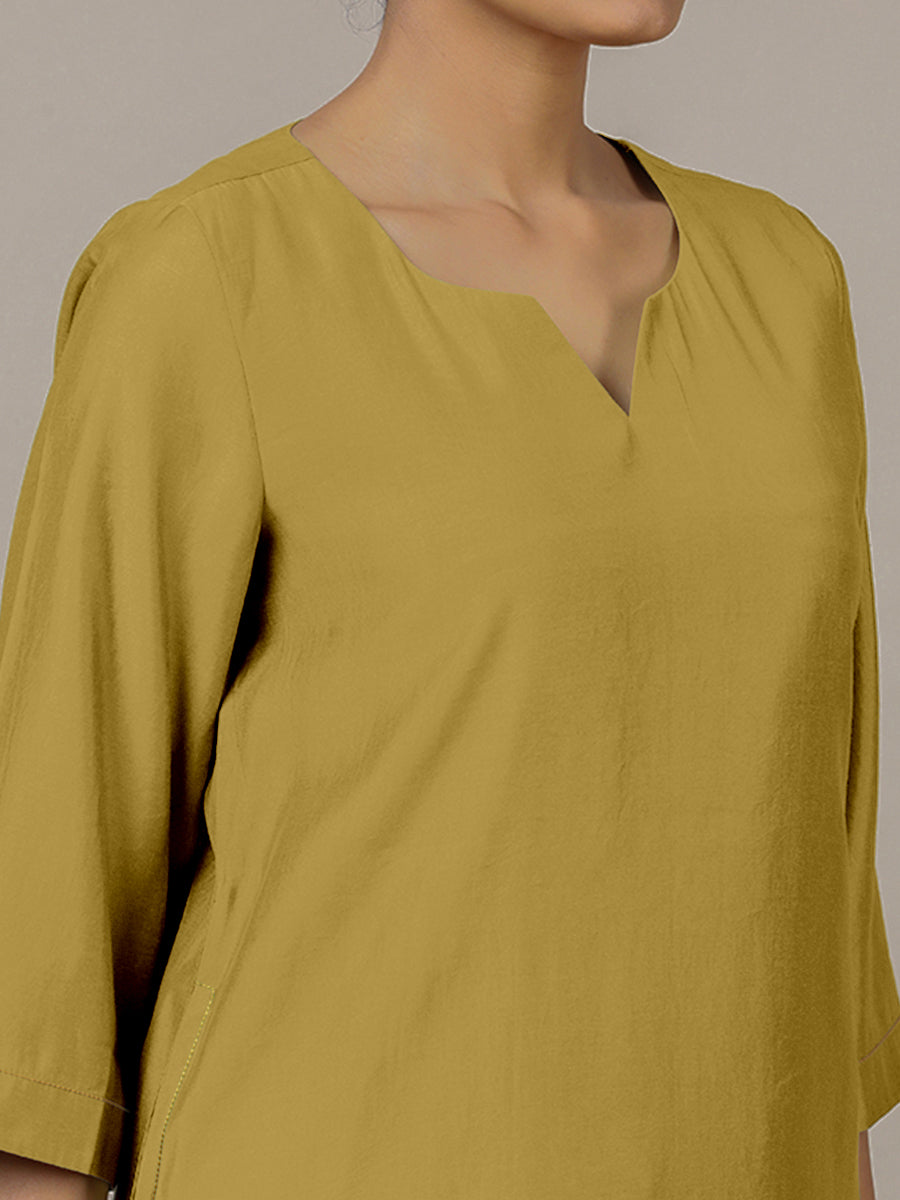 Sadaf x Rozaana Kurta, in Yellow Viscose, featuring three quarter sleeves and round neck with splitline (view 4).