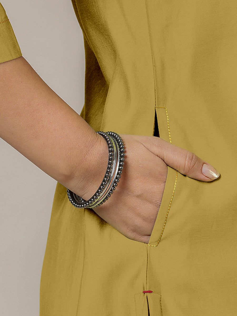Sadaf x Rozaana Kurta, in Yellow Viscose, featuring three quarter sleeves and round neck with splitline (view 5).