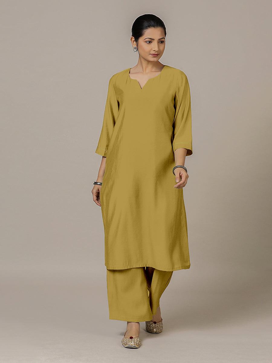 Sadaf x Rozaana Kurta, in Yellow Viscose, featuring three quarter sleeves and round neck with splitline (view 6).