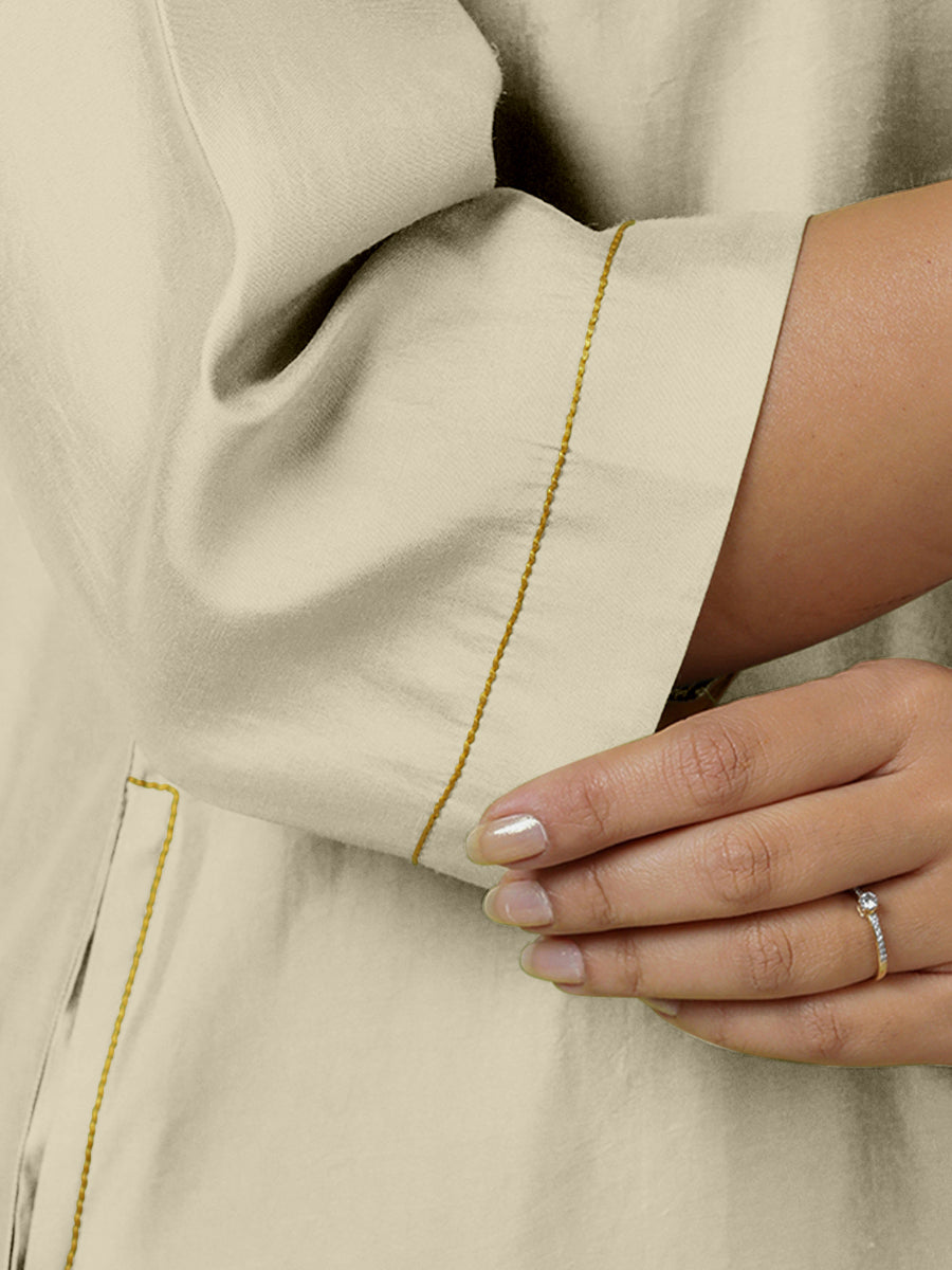 Sadaf x Rozaana Kurta, in Cream Viscose, featuring three quarter sleeves and round neck with splitline (view 3).
