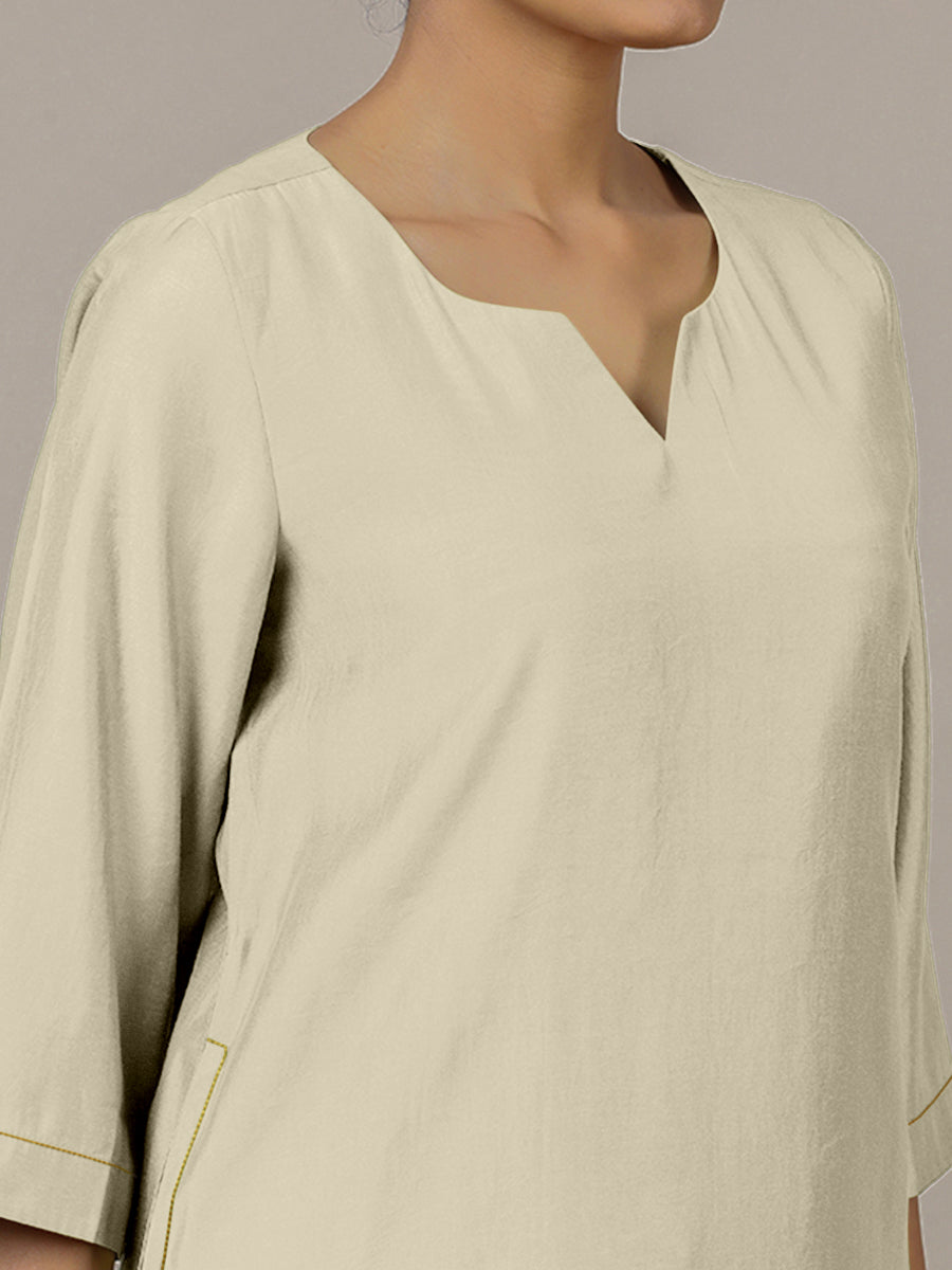 Sadaf x Rozaana Kurta, in Cream Viscose, featuring three quarter sleeves and round neck with splitline (view 4).