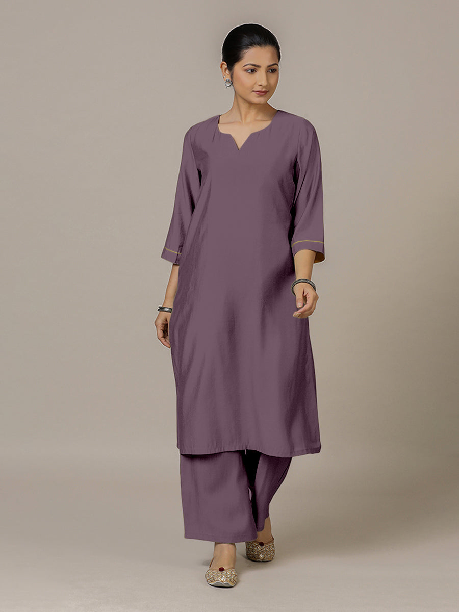 Sadaf x Rozaana Kurta, in Purple Viscose, featuring three quarter sleeves and round neck with splitline.