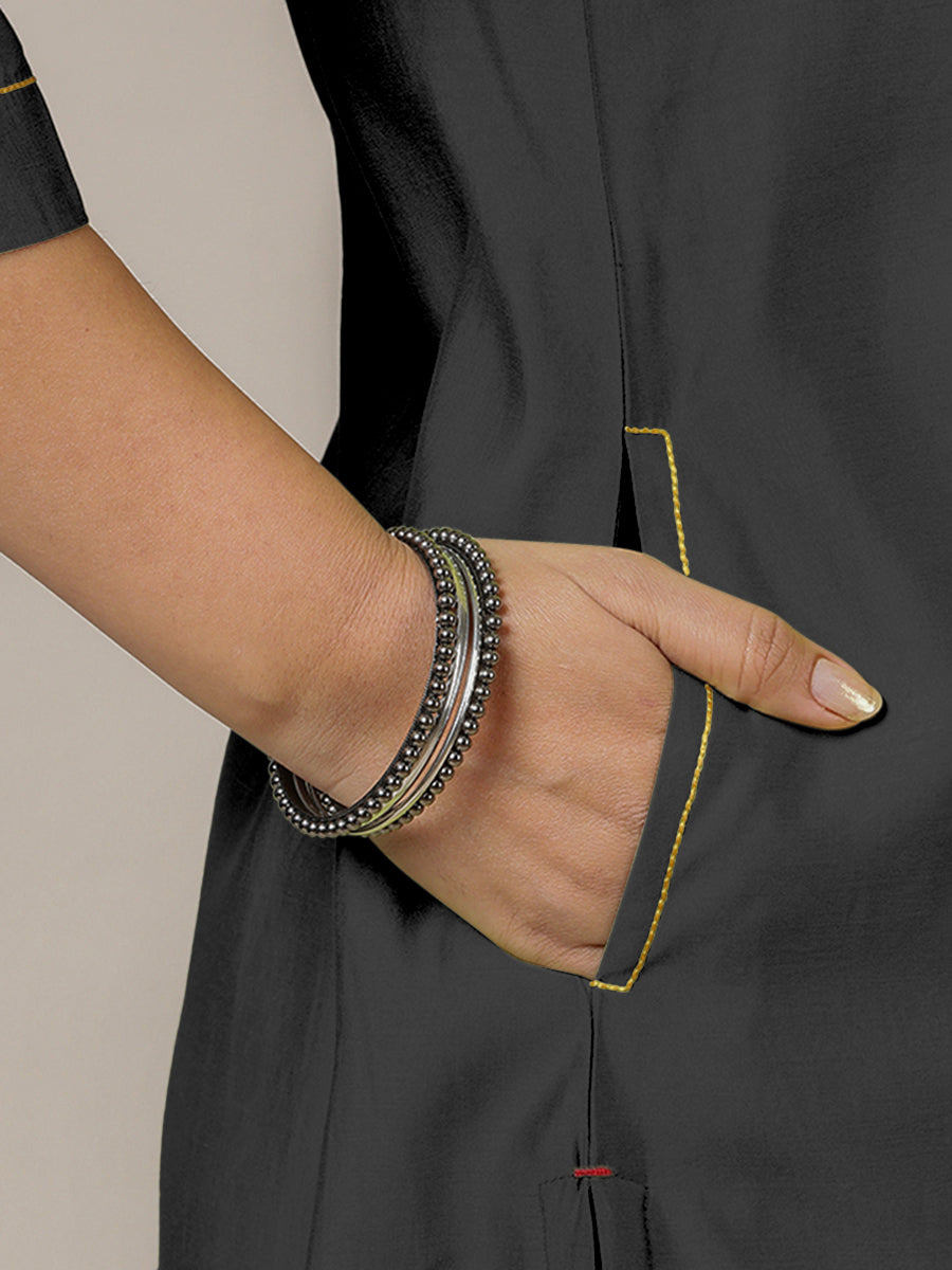 Sadaf x Rozaana Kurta, in Black Viscose, featuring three quarter sleeves and round neck with splitline (view 5).