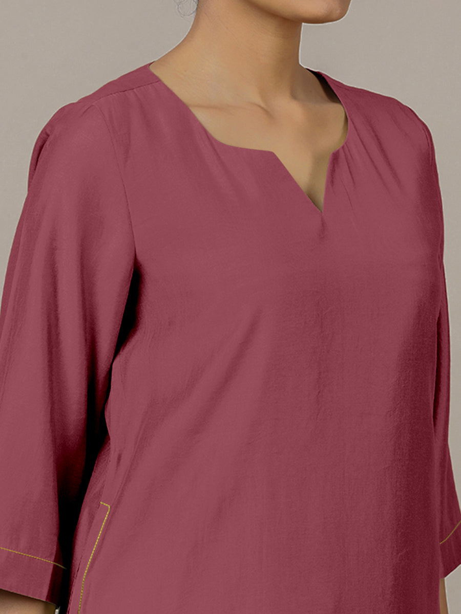 Sadaf x Rozaana Kurta, in Pink Viscose, featuring three quarter sleeves and round neck with splitline, made for daily & work.
