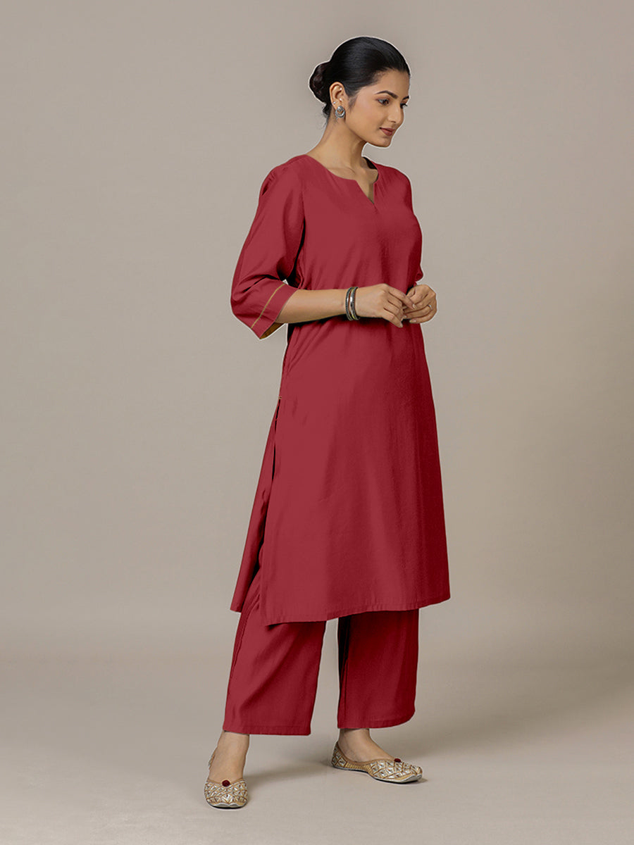 Sadaf x Rozaana Kurta, in Red Viscose, featuring three quarter sleeves and round neck with splitline, made for daily & work.