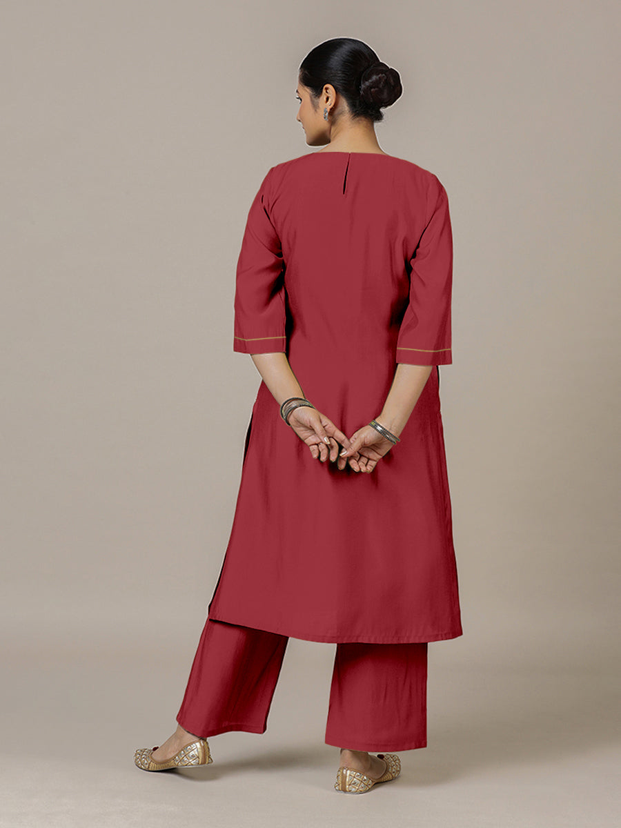 Sadaf x Rozaana Kurta, in Red Viscose, featuring three quarter sleeves and round neck with splitline, made for daily & work.