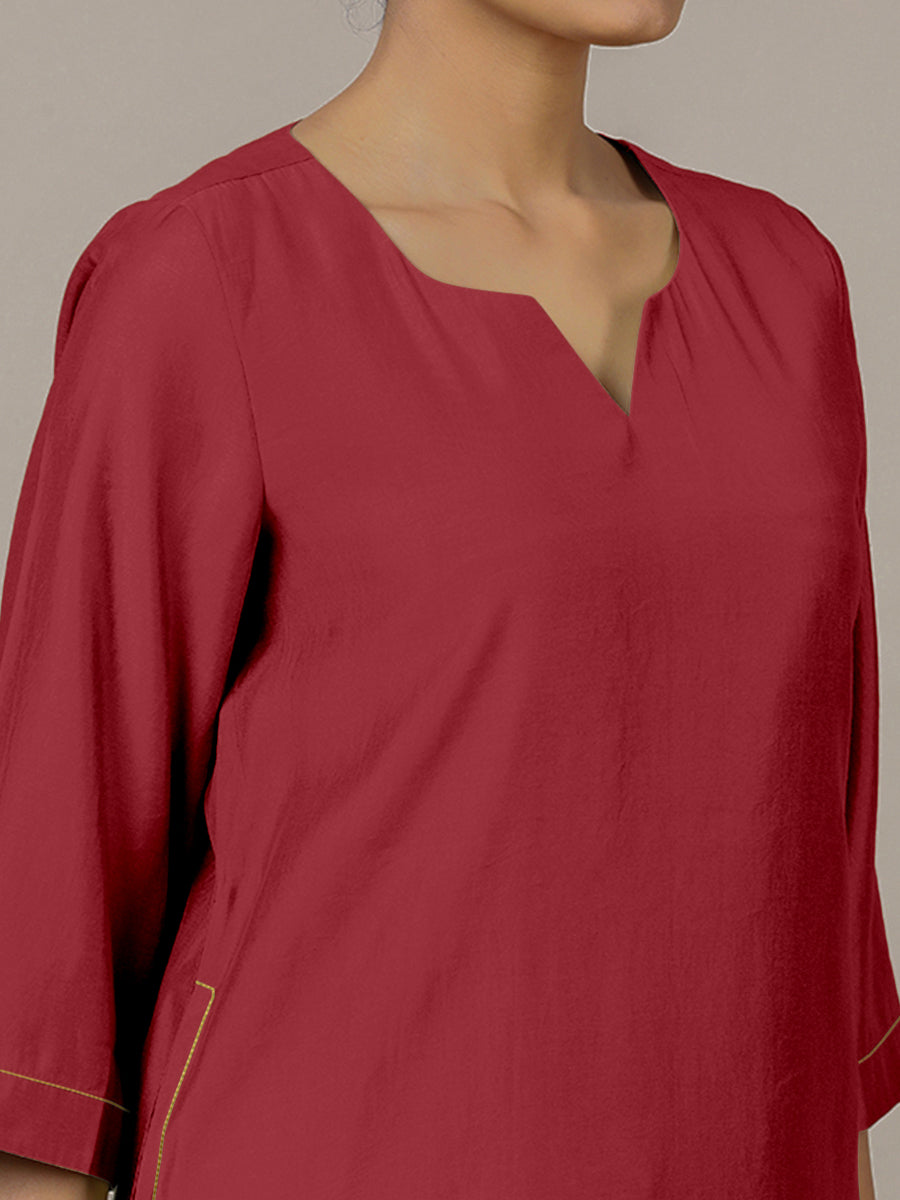Sadaf x Rozaana Kurta, in Red Viscose, featuring three quarter sleeves and round neck with splitline, made for daily & work.