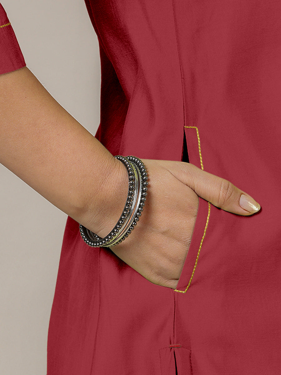 Sadaf x Rozaana Kurta, in Red Viscose, featuring three quarter sleeves and round neck with splitline, made for daily & work.