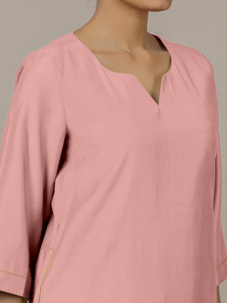 Sadaf x Rozaana Kurta, in Pink Viscose, featuring three quarter sleeves and round neck with splitline, made for daily & work.