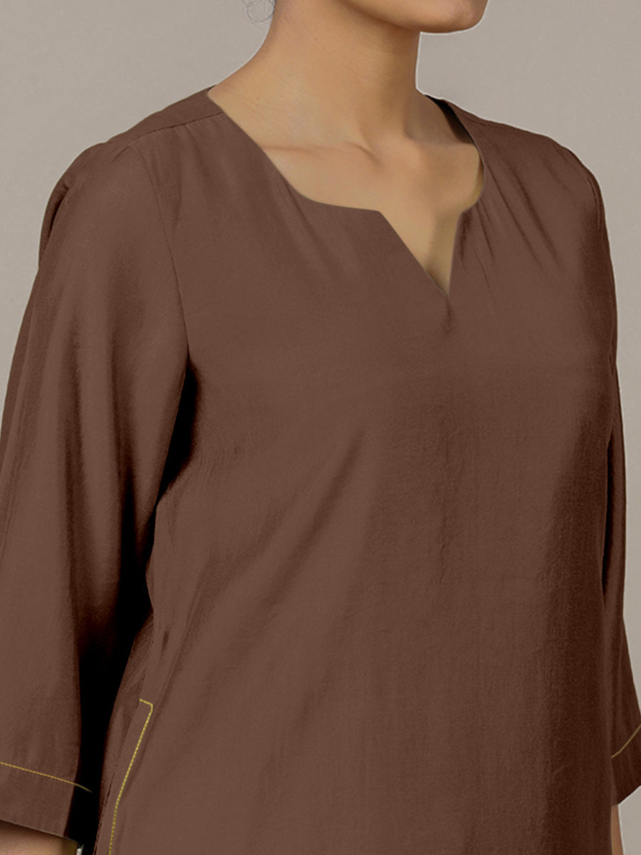 Sadaf x Rozaana Kurta, in Brown Viscose, featuring three quarter sleeves and round neck with splitline (view 4).