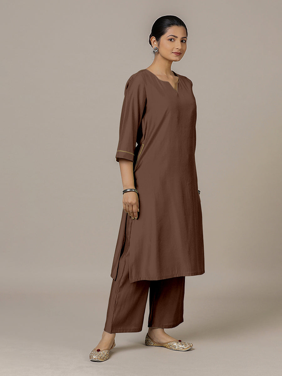 Sadaf x Rozaana Kurta, in Brown Viscose, featuring three quarter sleeves and round neck with splitline (view 6).