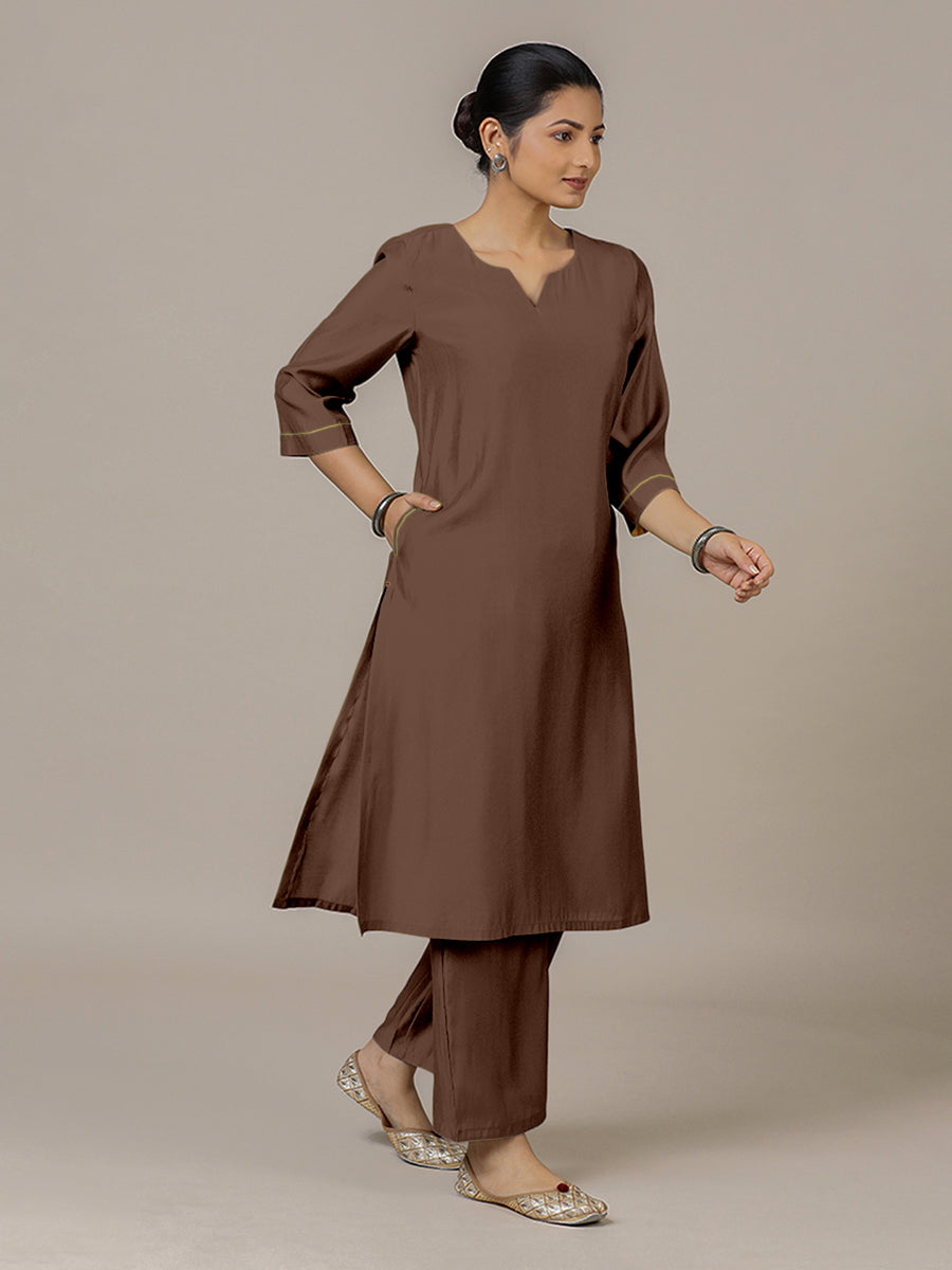 Sadaf x Rozaana Kurta, in Brown Viscose, featuring three quarter sleeves and round neck with splitline (view 7).