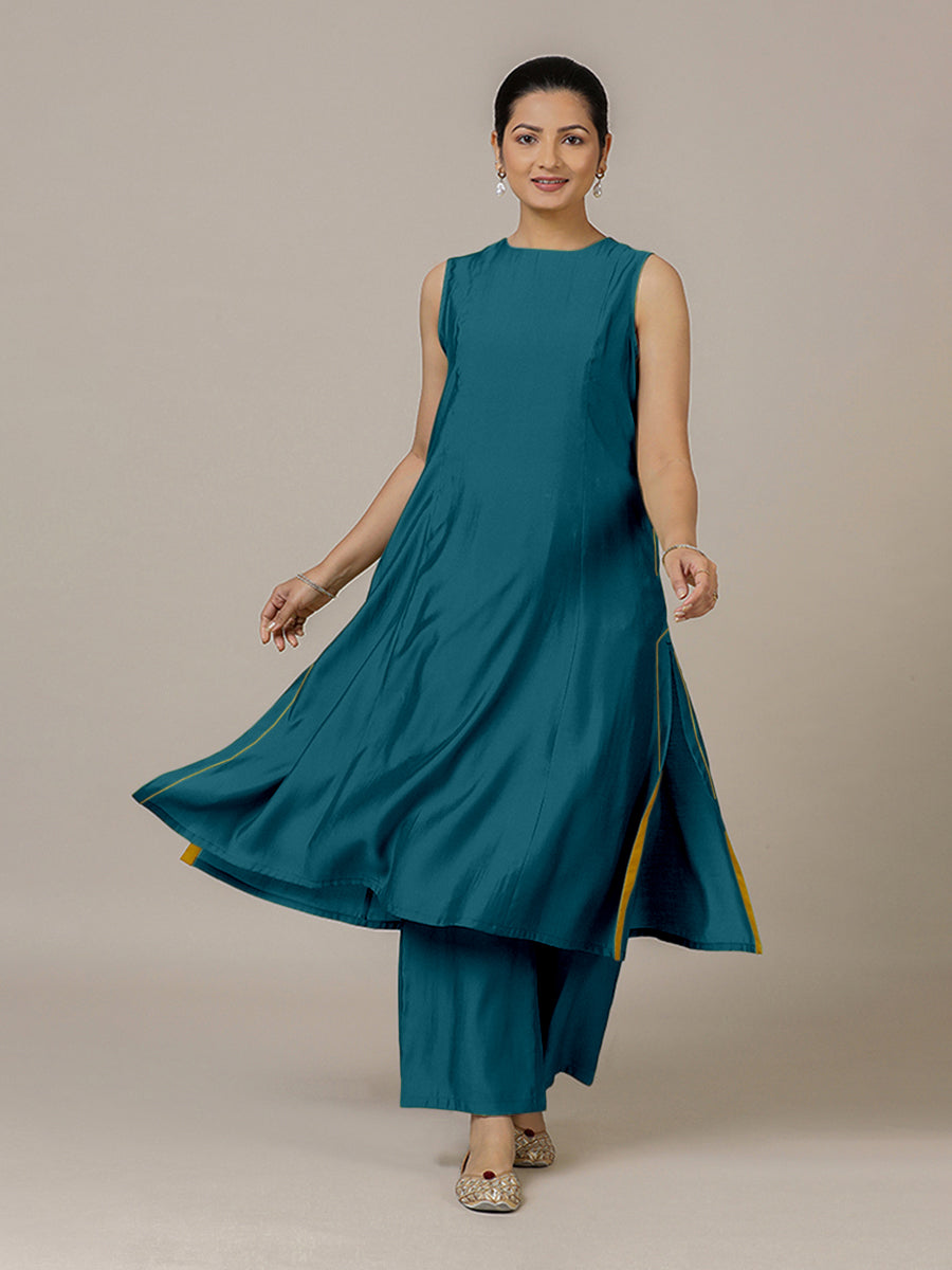 Sameera x Rozaana Kurta, in Blue Viscose, featuring sleeveless and jewel neckline, made for daily & work (view 6).