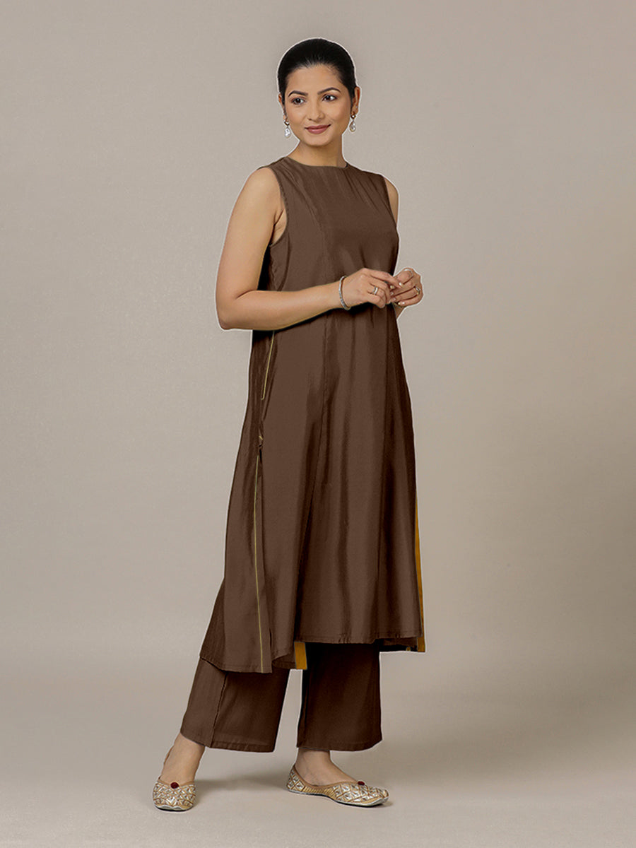 Sameera x Rozaana Kurta, in Brown Viscose, featuring sleeveless and jewel neckline, made for daily & work (view 5).
