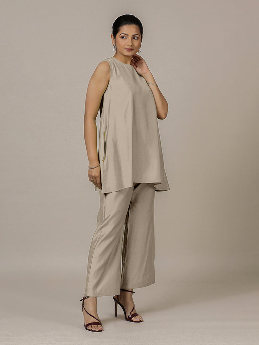 Sana x Rozaana Kurta, in Grey Viscose, featuring sleeveless and jewel neckline, made for daily & work (view 7).