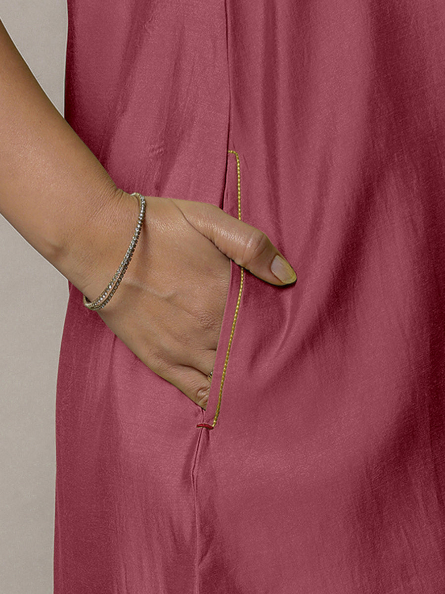 Sana x Rozaana Kurta, in Pink Viscose, featuring sleeveless and jewel neckline, made for daily & work (view 3).