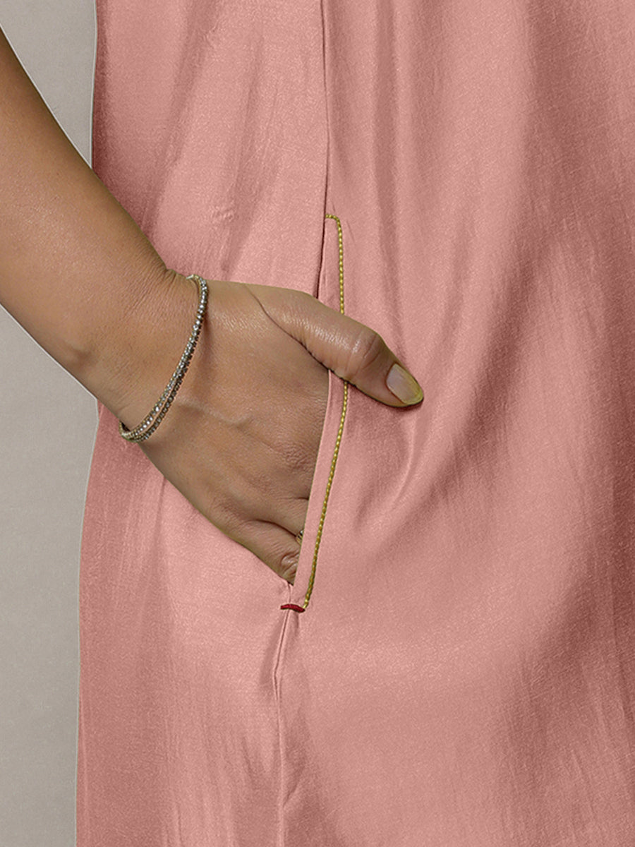 Sana x Rozaana Kurta, in Pink Viscose, featuring sleeveless and jewel neckline, made for daily & work (view 3).