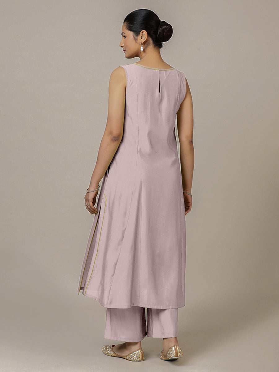 Sarah x Rozaana Kurta, in Purple Viscose, featuring sleeveless and boat neckline, made for daily & work (view 2).