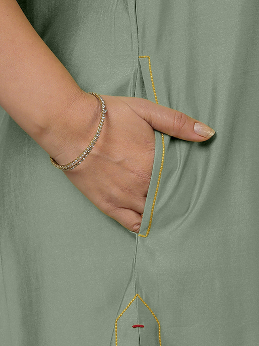 Sarah x Rozaana Kurta, in Green Viscose, featuring sleeveless and boat neckline, made for daily & work (view 4).