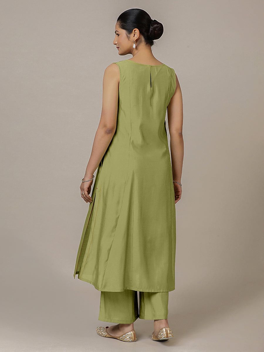 Sarah x Rozaana Kurta, in Green Viscose, featuring sleeveless and boat neckline, made for daily & work (view 2).