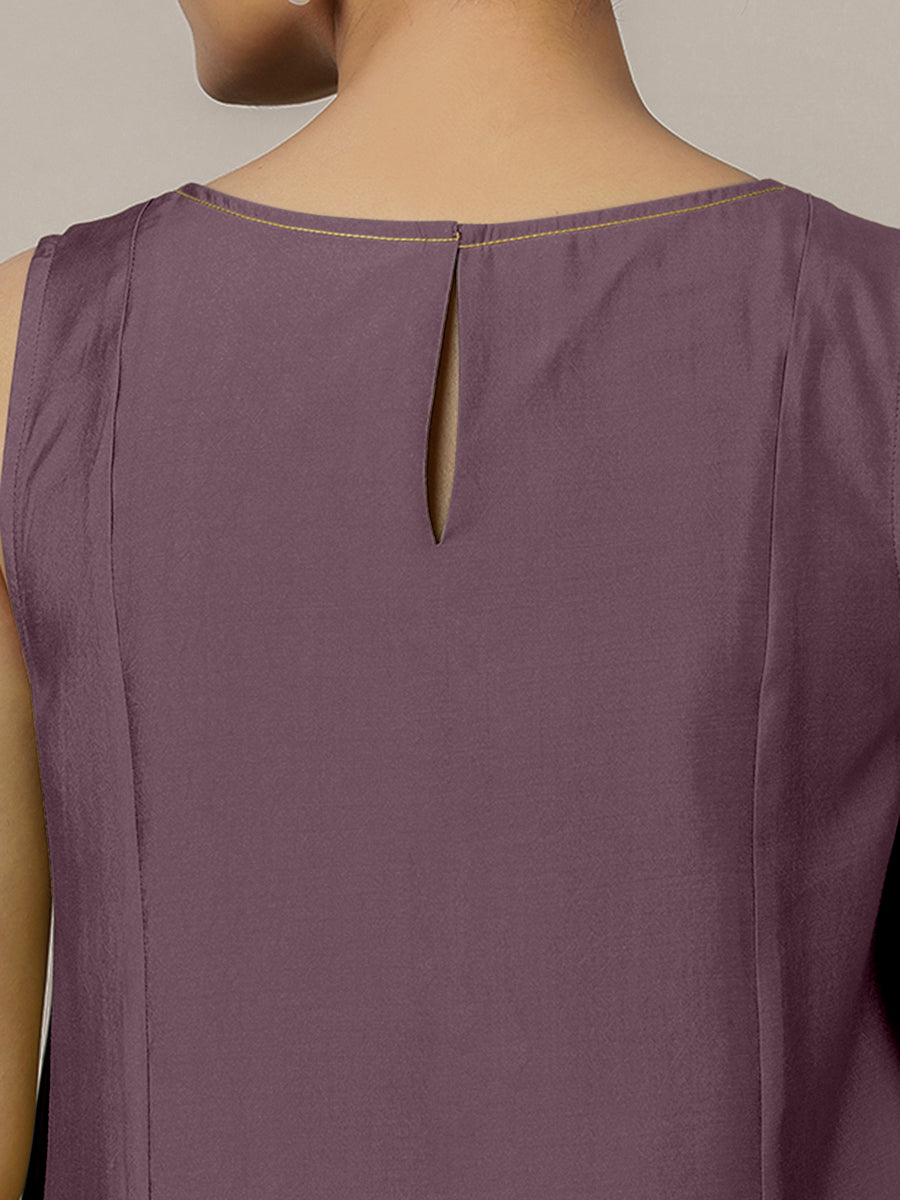 Sarah x Rozaana Kurta, in Purple Viscose, featuring sleeveless and boat neckline, made for daily & work (view 3).
