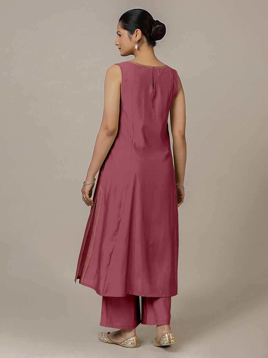 Sarah x Rozaana Kurta, in Pink Viscose, featuring sleeveless and boat neckline, made for daily & work (view 2).
