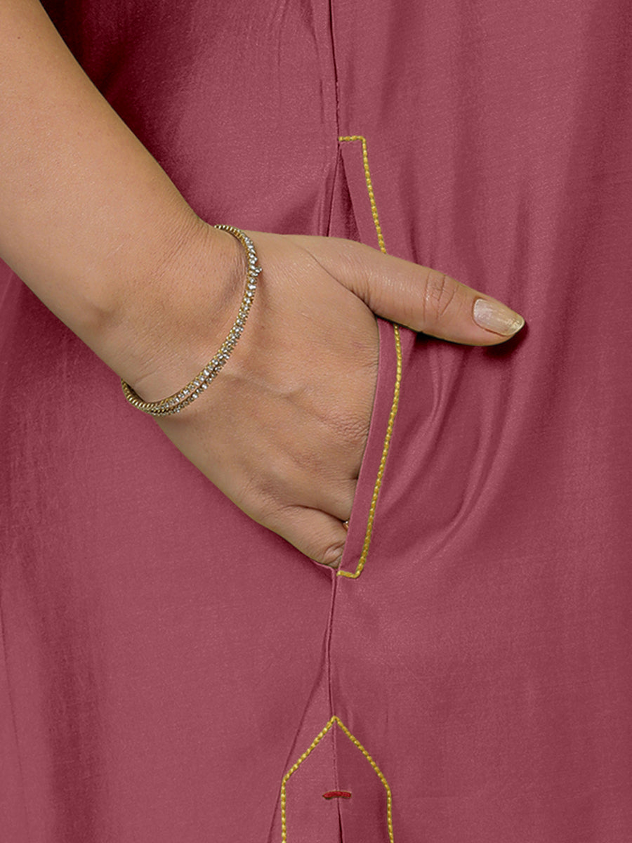 Sarah x Rozaana Kurta, in Pink Viscose, featuring sleeveless and boat neckline, made for daily & work (view 4).