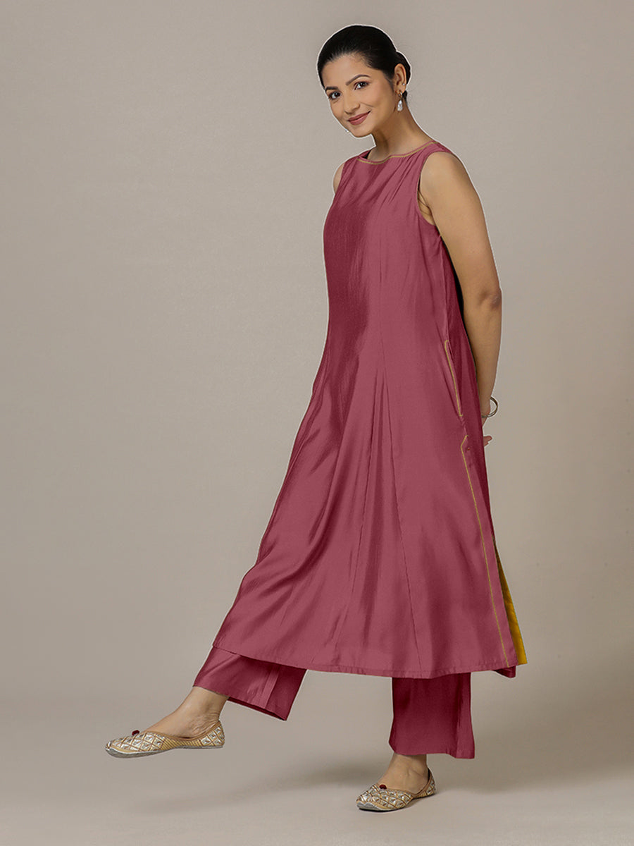 Sarah x Rozaana Kurta, in Pink Viscose, featuring sleeveless and boat neckline, made for daily & work (view 6).