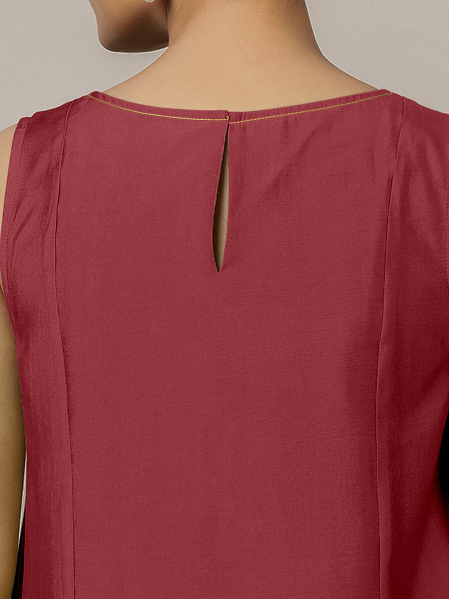 Sarah x Rozaana Kurta, in Red Viscose, featuring sleeveless and boat neckline, made for daily & work (view 3).