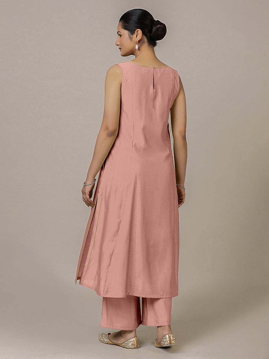 Sarah x Rozaana Kurta, in Pink Viscose, featuring sleeveless and boat neckline, made for daily & work (view 2).