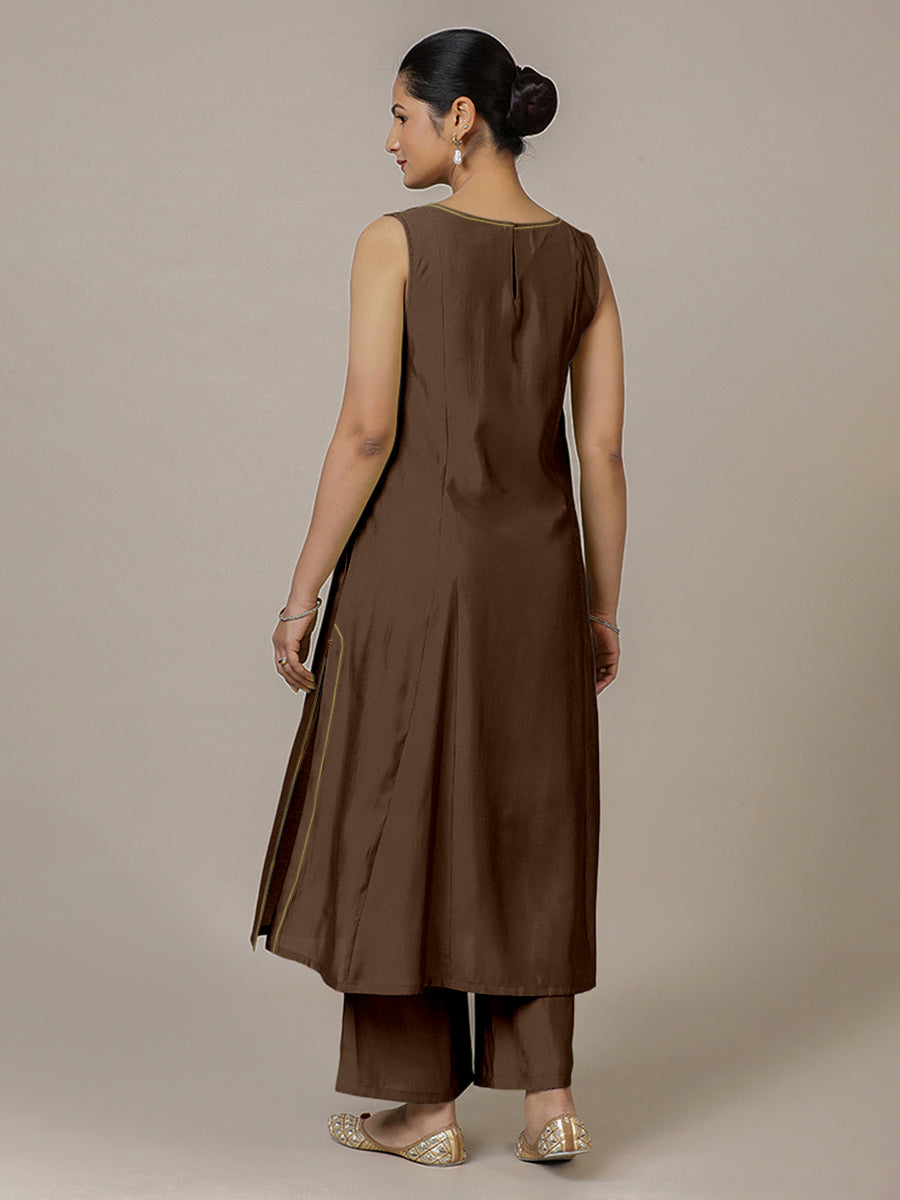 Sarah x Rozaana Kurta, in Brown Viscose, featuring sleeveless and boat neckline, made for daily & work (view 2).