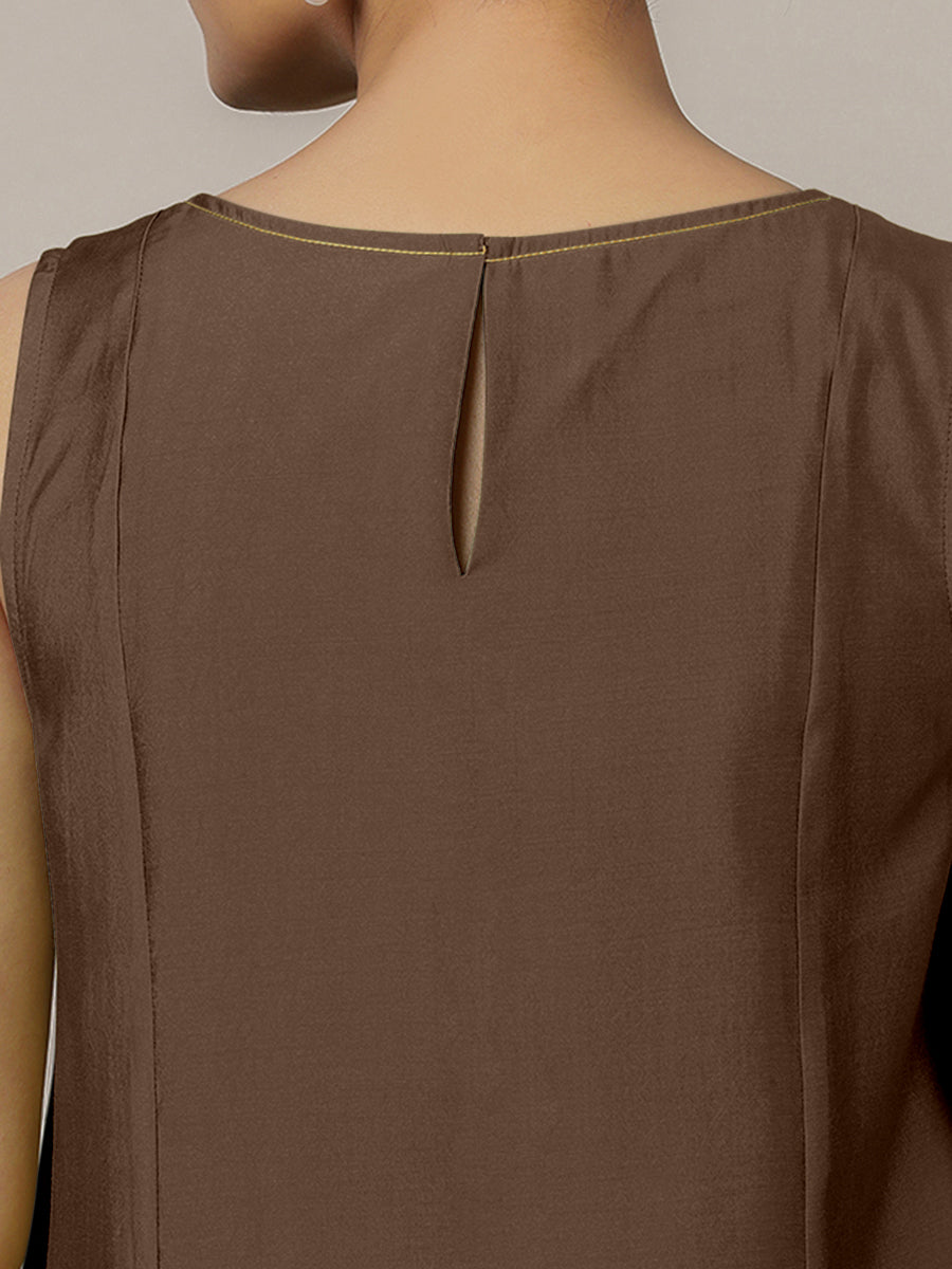 Sarah x Rozaana Kurta, in Brown Viscose, featuring sleeveless and boat neckline, made for daily & work (view 3).