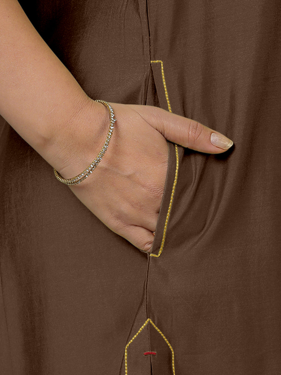 Sarah x Rozaana Kurta, in Brown Viscose, featuring sleeveless and boat neckline, made for daily & work (view 4).