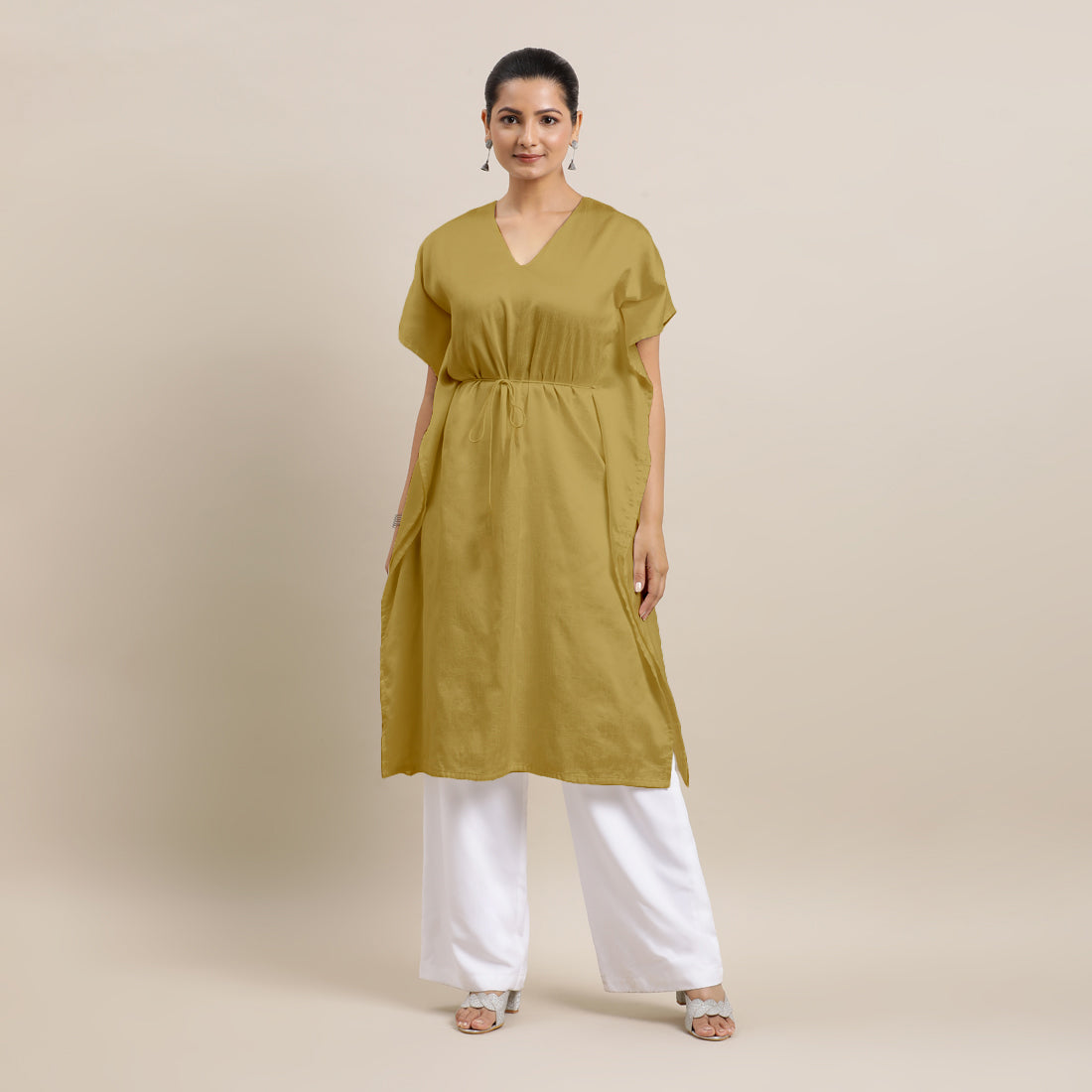 Siya x Rozaana Kurta, in Yellow Viscose, featuring elbow sleeves and v-neckline, made for daily & work.