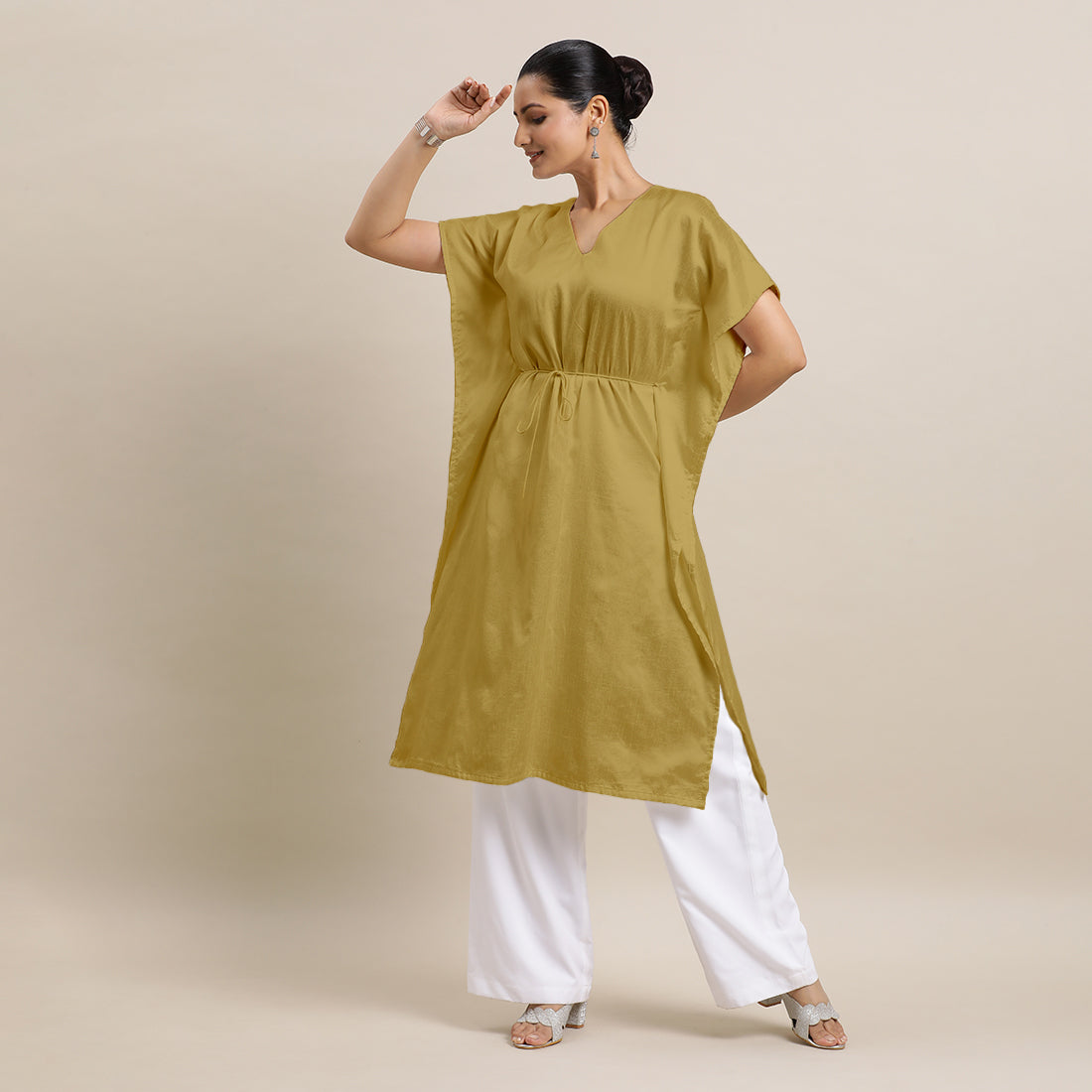 Siya x Rozaana Kurta, in Yellow Viscose, featuring elbow sleeves and v-neckline, made for daily & work (view 4).
