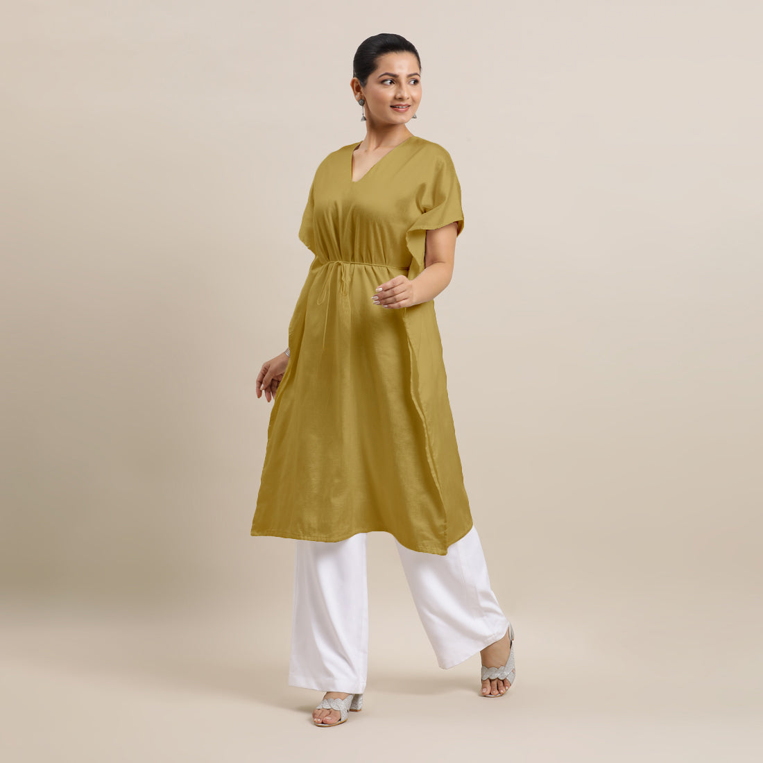 Siya x Rozaana Kurta, in Yellow Viscose, featuring elbow sleeves and v-neckline, made for daily & work (view 6).