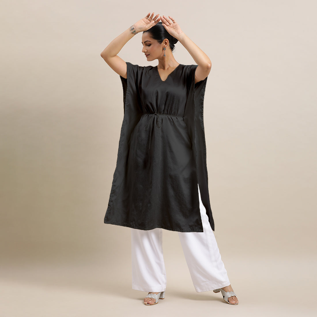 Siya x Rozaana Kurta, in Black Viscose, featuring elbow sleeves and v-neckline, made for daily & work.