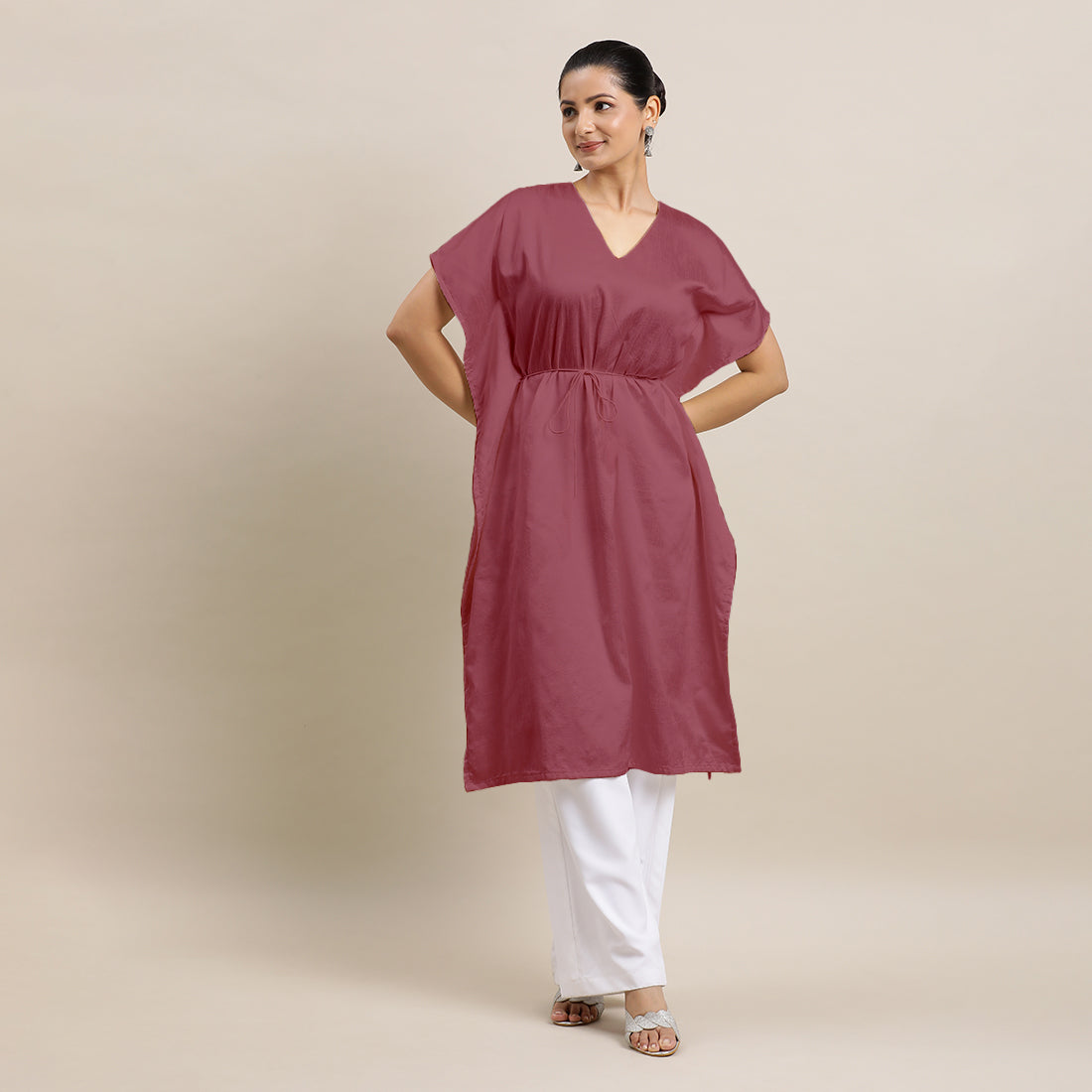 Siya x Rozaana Kurta, in Pink Viscose, featuring elbow sleeves and v-neckline, made for daily & work (view 4).