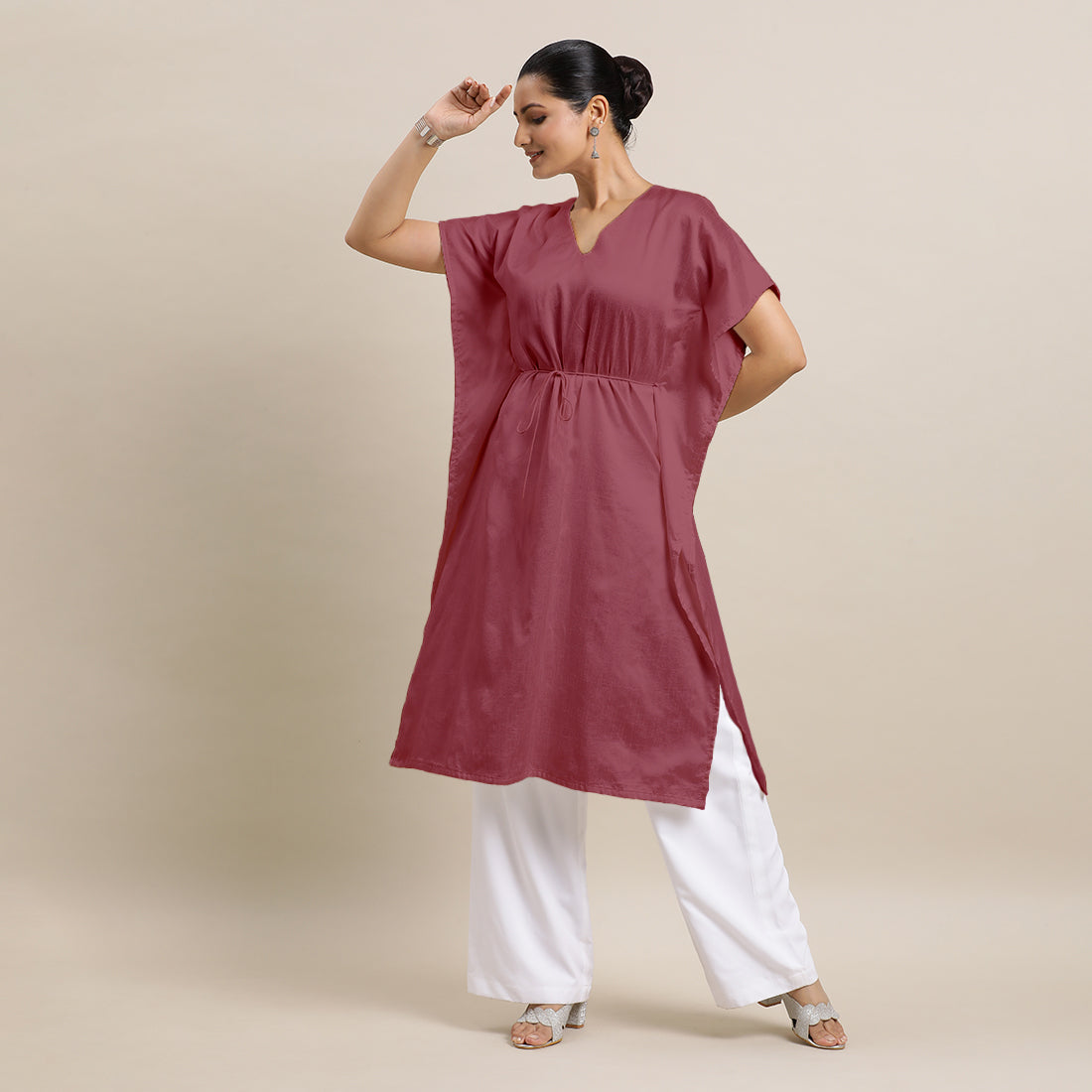 Siya x Rozaana Kurta, in Pink Viscose, featuring elbow sleeves and v-neckline, made for daily & work (view 5).