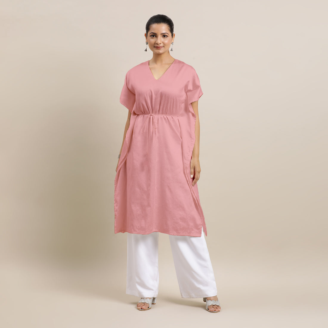 Siya x Rozaana Kurta, in Pink Viscose, featuring elbow sleeves and v-neckline, made for daily & work (view 3).